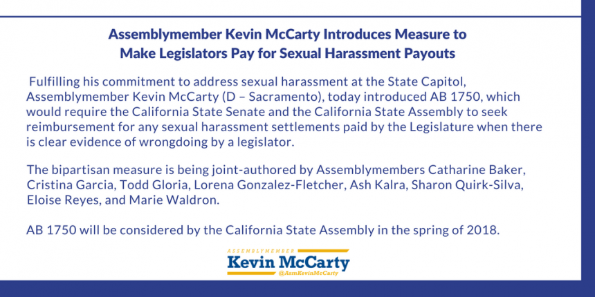 AB 1750 sexual harassment payout clawback assemblymember mccarty
